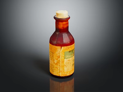 Vintage Wooden Side Table Displaying Brown Glass Bottle With Yellow Green Label 3d model