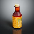 Vintage Wooden Side Table Displaying Brown Glass Bottle With Yellow Green Label