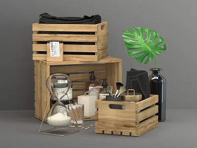 Wooden Storage Crates Holding Laundry Essentials Washing Supplies Brushes Salt Hourglass And Green Leaf 3d model