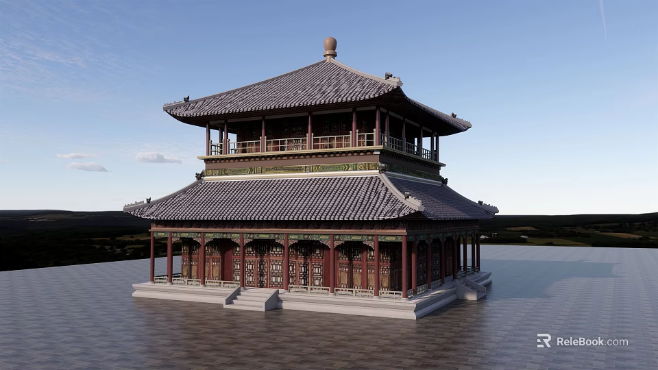 Ancient Chinese Architecture With Two Story Structure Overhanging Eaves And Decorative Wooden Columns 3d model 