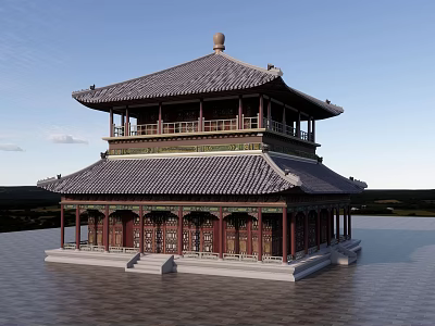 Ancient Chinese Architecture With Two Story Structure Overhanging Eaves And Decorative Wooden Columns 3d model