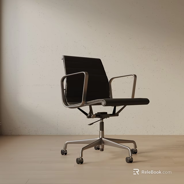 Modern Black Office Chair with Metal Armrests Swivel Base and Rolling Wheels 3d model 