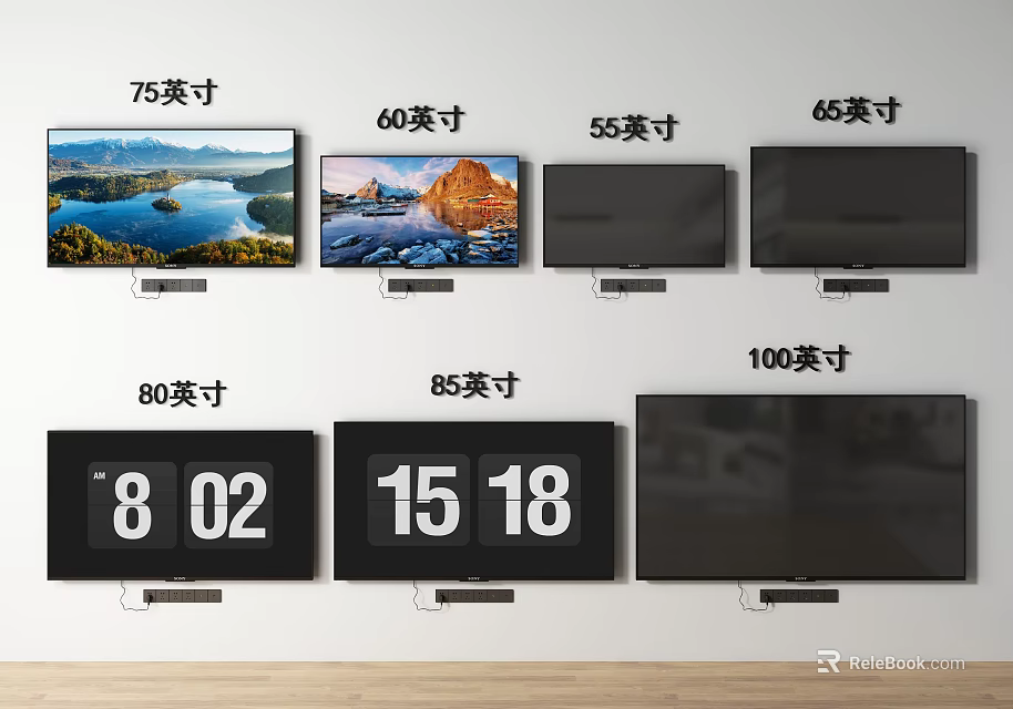 Various Size TV Models Display With 55 65 75 85 And 100 Inch Screens 3d model 