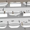 Modern Bathtubs in Various Styles with Faucets and Accessories on Display Shelves