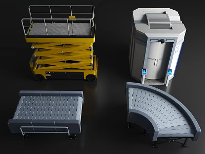 Public Facilities With Yellow Scissor Lift Restroom Booth Gridded Platform And Curved Anti Slip Surface 3d model