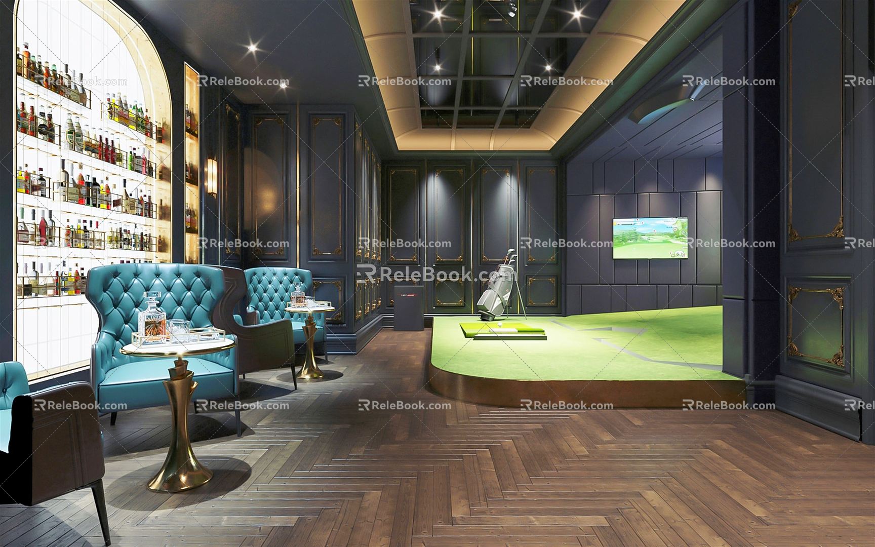 Jianou Bar Indoor Golf Course Villa Chess and Card Entertainment Bar Golf Recreation Room Villa Basement Bar Rest Area 3d model