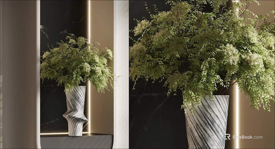 Elegant Spiral and Striped Vases with Green Flowers on Black Marble Background with Golden Lines 3d model 