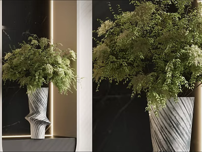 Elegant Spiral and Striped Vases with Green Flowers on Black Marble Background with Golden Lines 3d model