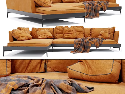 Cozy Orange Two Seater Sofa With Soft Cushions And Plaid Throw Blanket 3d model