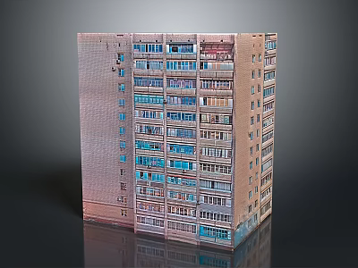 Tall Multi story Residential Apartment Building With Uniform Window Layout And Brick Red Facade 3d model
