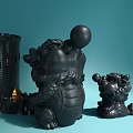 Decorative Ornament Set Featuring Black Dragon Figurines And Castle Model With Spherical Details