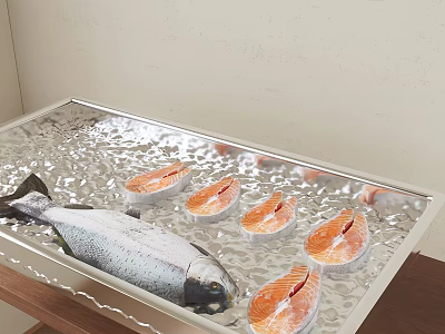 Fresh Whole Fish And Fillets On Silver Textured Serving Tray 3d model