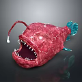 Red Angler Fish With Sharp Teeth Long Lure And Blue Fins