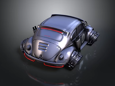 Modified Silver Beetle Car With Futuristic Mechanical Parts And Red Accents 3d model