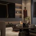 Modern Luxury Dining Living Room With Dark Gray Sofa Round Coffee Table And Brown Armchair