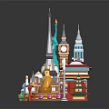 Colorful Cartoon Scenery With Various Countries Famous Landmarks Models And National Flags