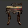 Carved Wooden Leg Stool With Round Colorful Embroidery Seat And Decorative Accent