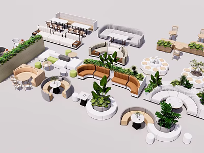 Modern Landscape Seating Design with Curved Shapes Green Plants and Outdoor Tables 3d model