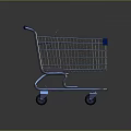 Sturdy Metal Shopping Cart With Blue Handle Wheels On Gray Reflective Background