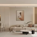 Modern Living Dining Room Interior Featuring Light Colored Sofa Round Coffee Table Dining Chairs Artwork