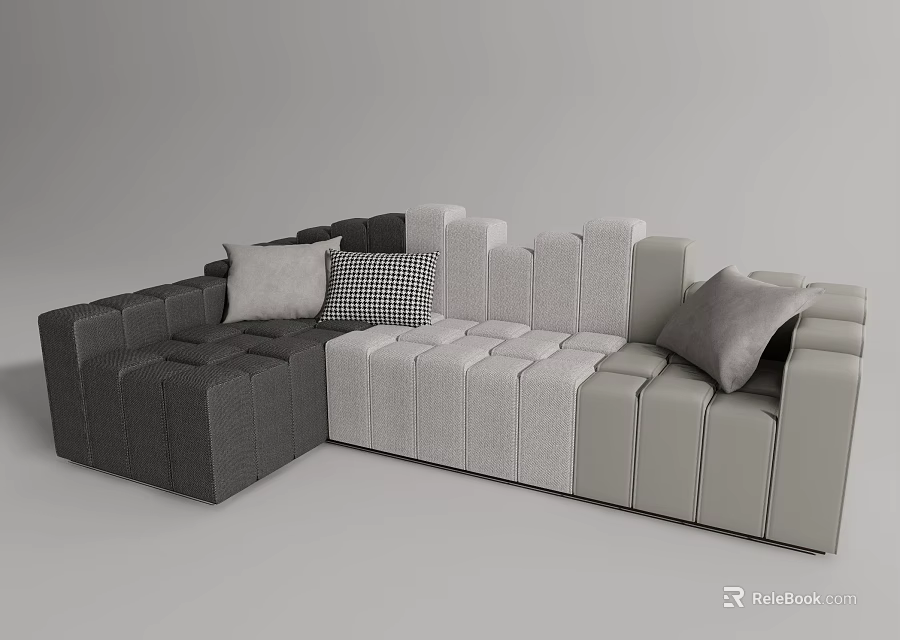 Modern Sectional Sofa With Gray Light Gray Patterned Cushions And Modular Design 3d model