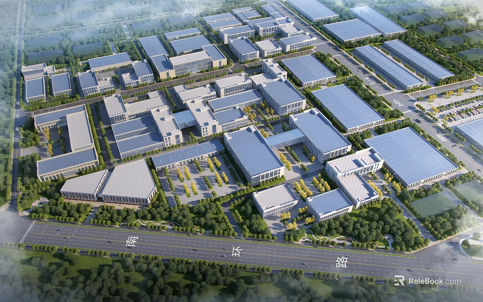 Aerial View Of Large Industrial Factory Complex With Multiple Buildings And Greenery 3d model 