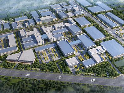 Aerial View Of Large Industrial Factory Complex With Multiple Buildings And Greenery 3d model