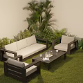 Modern Outdoor Sofa Coffee Table Set With Green Plants Lawn And Palm Trees
