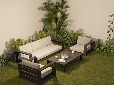 Modern Outdoor Sofa Coffee Table Set With Green Plants Lawn And Palm Trees 3d model