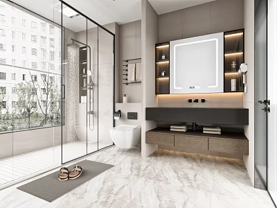 Modern Bathroom Interior Design With Glass Shower Large Mirror Double Vanity And Marble Floor 3d model
