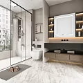 Modern Bathroom Interior Design With Glass Shower Large Mirror Double Vanity And Marble Floor