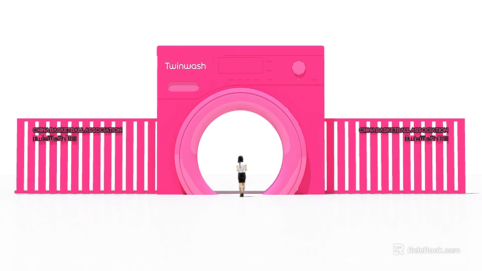 Pink Camera Shaped Event Entrance With Tuinwash Brand Round Archway And Person Standing 3d model 
