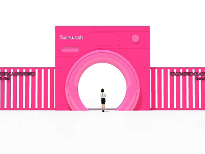 Pink Camera Shaped Event Entrance With Tuinwash Brand Round Archway And Person Standing 3d model