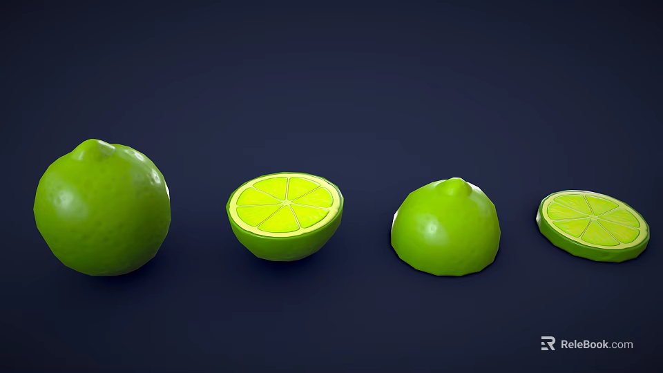 Fresh Green Limes Whole Halved and Sliced on Dark Background 3d model 