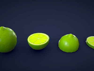 Fresh Green Limes Whole Halved and Sliced on Dark Background 3d model