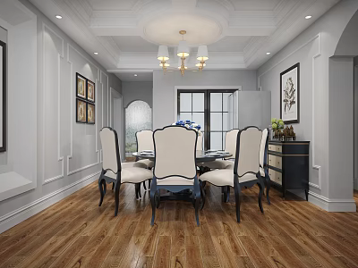 Elegant Modern Restaurant Interior With Dining Table Chairs Chandelier And Wooden Floor 3d model
