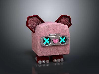 Pink Square Shaped Game and Movie Character With Red Ears Blue X Eyes Pink Heart 3d model