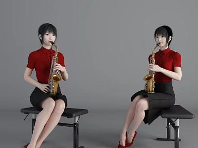 Woman in Red Blouse and Black Skirt Playing Saxophone on Black Bench 3d model