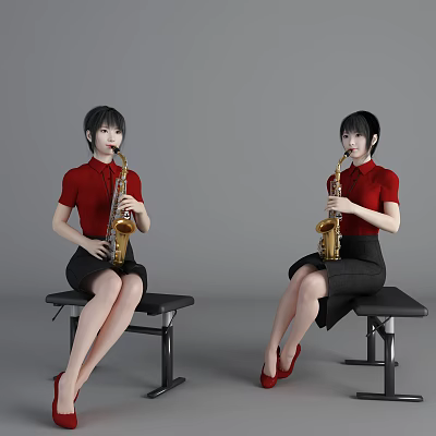 Woman in Red Blouse and Black Skirt Playing Saxophone on Black Bench 3d model