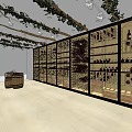 Wine Cellar Style Mall Shop With Wooden Racks Holding Wine Bottles And Green Vine Decorations