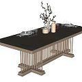 Dark Wooden Dining Table with Slatted Legs and Decorative Tableware Vase with Flower Branches