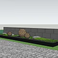 Modern Gray Stone Landscape Wall With Vertical Lines And Green Lawn Decorative Spheres