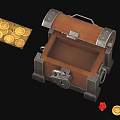 Open Wooden Treasure Chest With Metal Accents And Gold Coins Alongside Red Gemstone