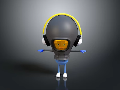 Cartoon Character With Gray Helmet Yellow Headphones Hoodie Blue Pants White Shoes Smiling 3d model