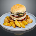 Delicious Hamburger with Sesame Bun Grilled Patty Fresh Vegetables and Golden Crispy Fries