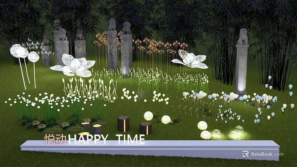 Decorative Outdoor Lights With Lotus Shapes Stone Lanterns And Bamboo On Green Lawn 3d model 