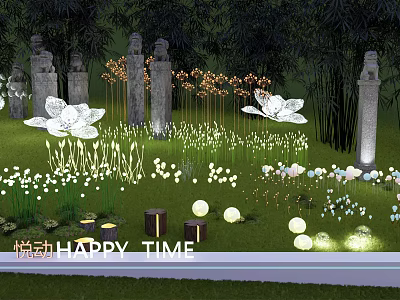 Decorative Outdoor Lights With Lotus Shapes Stone Lanterns And Bamboo On Green Lawn 3d model