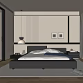 Modern Bedroom Interior With Platform Bed Nightstands Pendant Lighting And Decorative Paintings