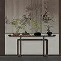 Chinese Modern Console Table With Potted Plants Stone Decorations And Natural Pattern Wallpaper 3d model