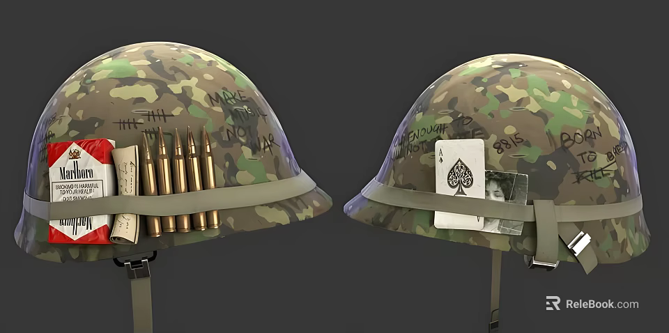 Military Camouflage Helmet with Handwritten Graffiti Bullet Shells and Ace of Spades Card 3d model 